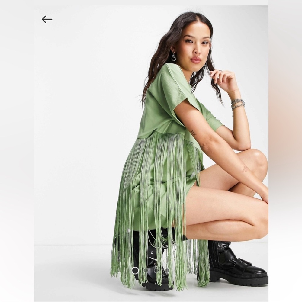 ASOS Green Fringe T-Shirt Dress Size 4 Boho Festival